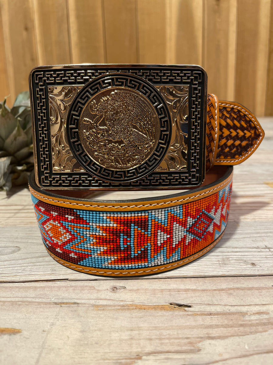 Raj Handmade Beaded Belt, Size 26”-32, Blue red yellow Raj Handmade Beaded Belt, Size 26”-32, Blue red yellow main image 3
