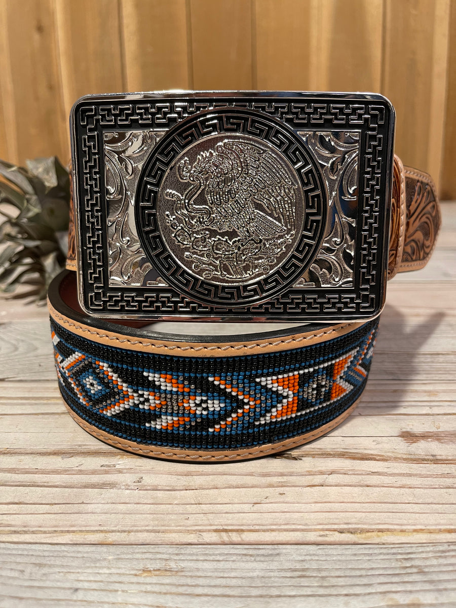 Multi Navy Beaded 2” Belt + Silver Mexico Estado Buckle – Roman
