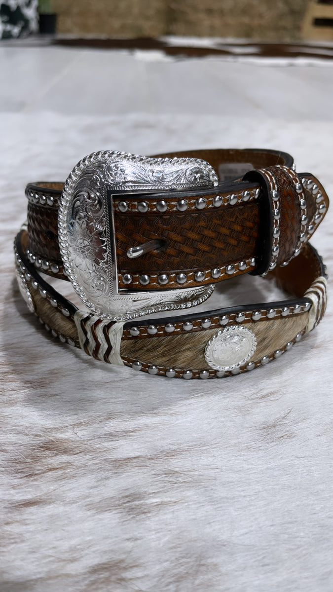 Hair-On Cowhide and Rhinestone Western Belt