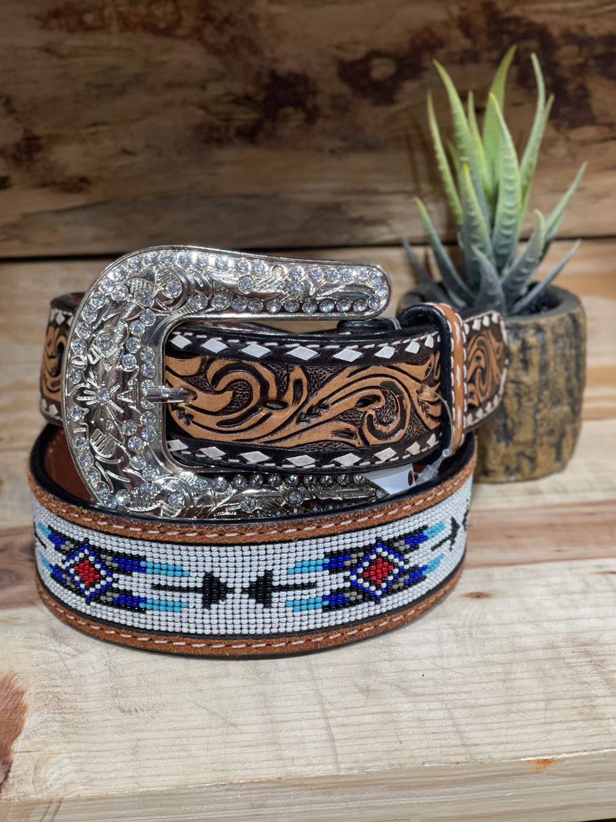 Vintage White Leather Beaded Style Western Boho Silver Buckle Belt 34.5 Inch Vintage Beaded Leather Belt Western Wear 33” - 36” White  main image 2