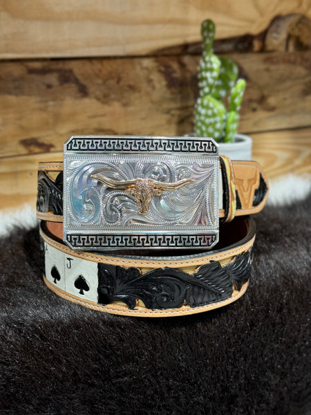 Black Jack Embossed leather Belt & Long Horn Buckle Set