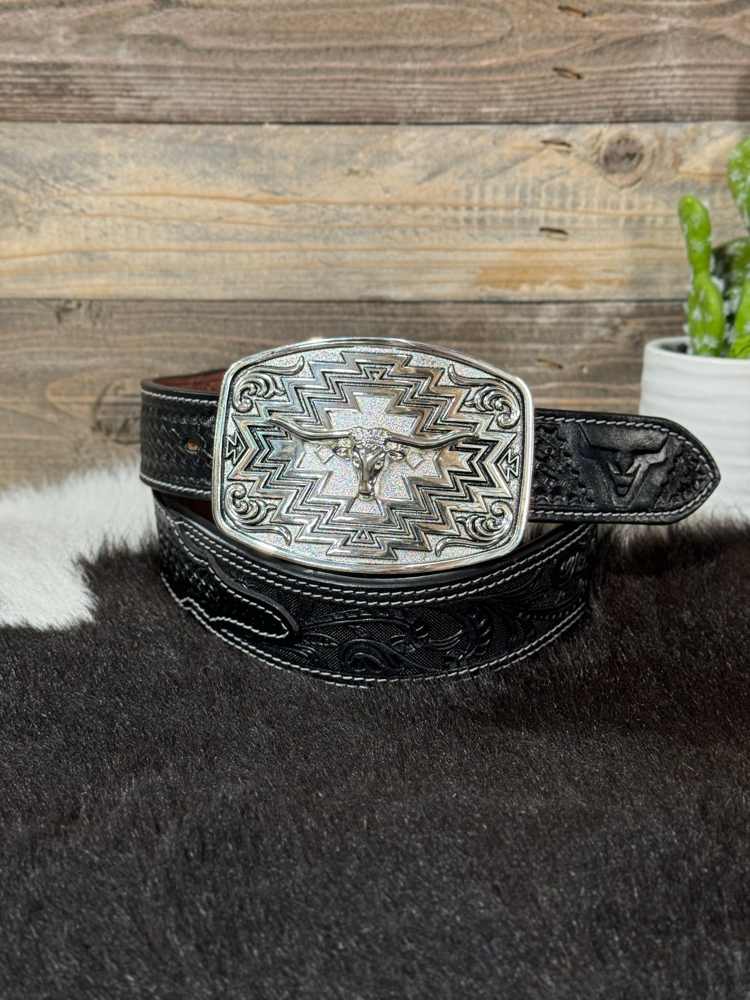 Black Floral Tooled Leather Belt & Bull Rider Buckle Set