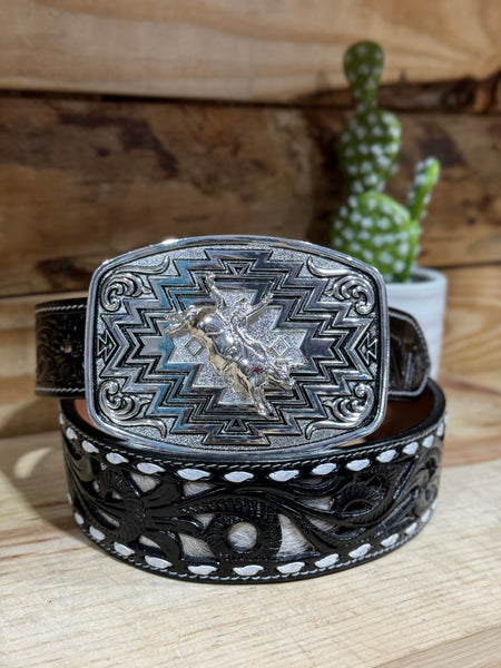 Floral Embossed Black Cowhide Leather Belt & Bullrider Aztec Buckle Set