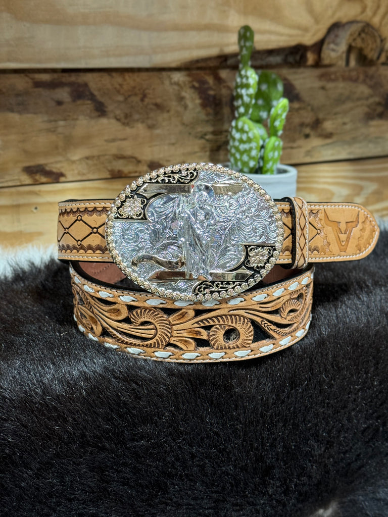 Floral Embossed Black Leather Belt San Judas Eli buckle Set