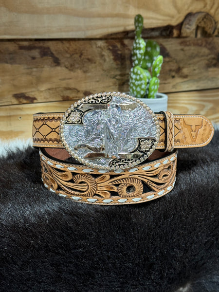 Floral Embossed Black Leather Belt &  San Judas Eli buckle Set