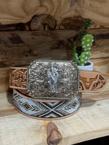 Brown Beaded 2” Belt + San Judas Buckle Set (Exchange Buckle Offer)