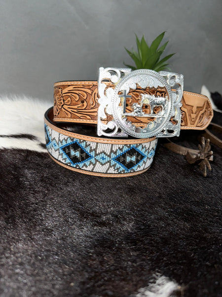 Blue Beaded Leather Belt & Praying Cowboy Buckle Set