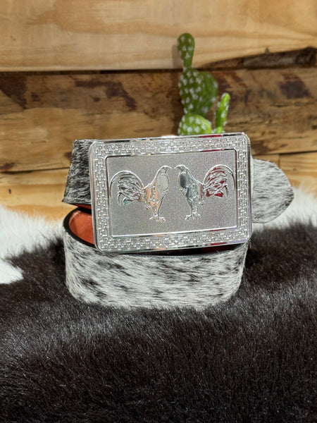 Black Cowhide Leather Belt & Silver Double Rooster Buckle Set