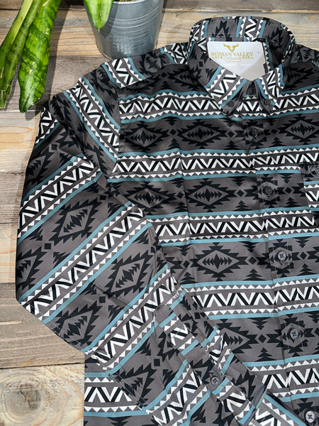 Aqua/Grey Aztec Long Sleeve Shirt PL23