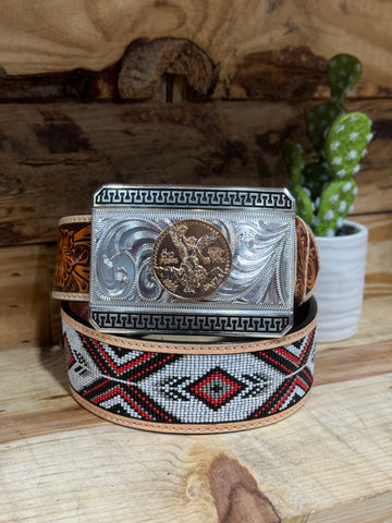 Dos X Leather Beaded Belt & Centenario Buckle Set