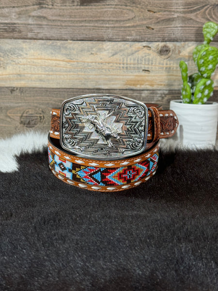 Legend Beaded Leather Belt & Long Horn Buckle Set