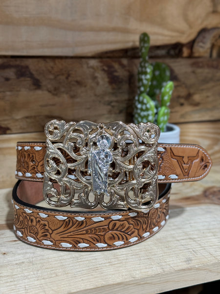 Floral Embossed Tanned Leather Belt & San Judas Floral Buckle Set