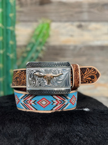 Baby Blue Beaded 2” Belt + Long Horn Bronze Buckle