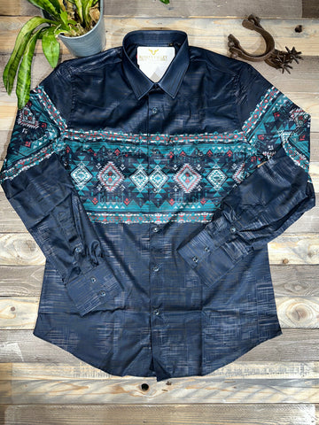 Navy Border Aztec Long Sleeve Shirt PL23