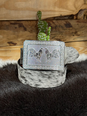 Black Cowhide Leather Belt & Silver Double Rooster Buckle Set