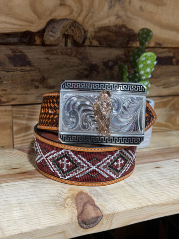 Burgandy Beaded 2” Belt + Bucking Bull Buckle Set