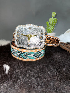 Golden Emerald Aztec & Bull Buckle Pair