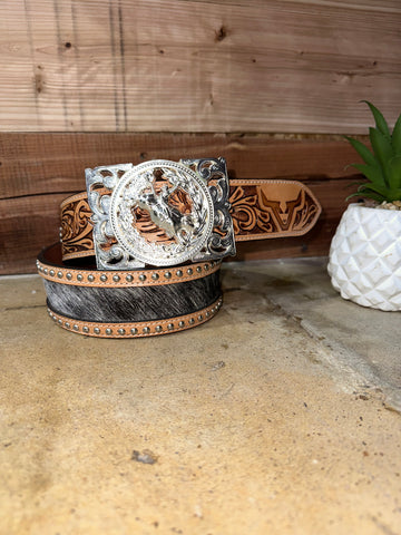 Black Cowhide Leather Belt & Bull Ride Buckle Set