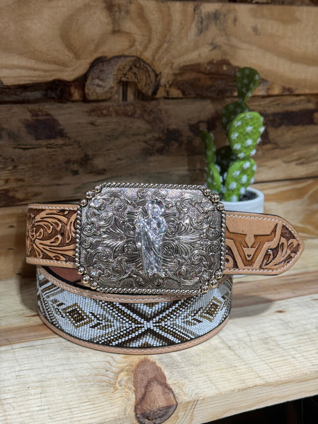 Brown Beaded 2” Belt + San Judas Buckle Set (Exchange Buckle Offer)