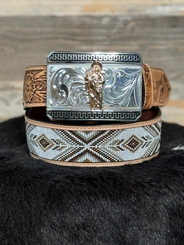 Bronze Beaded 2” Leather Belt + San Judas Buckle Set ( Exchange Buckle Offer )