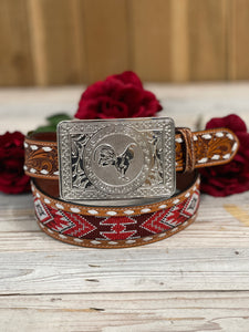 Red Rider Leather Belt & Legendary Silver Cock Buckle Set