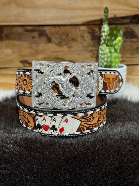 Four of a Kind Embossed leather Belt & Tooling Bullrider Buckle Set