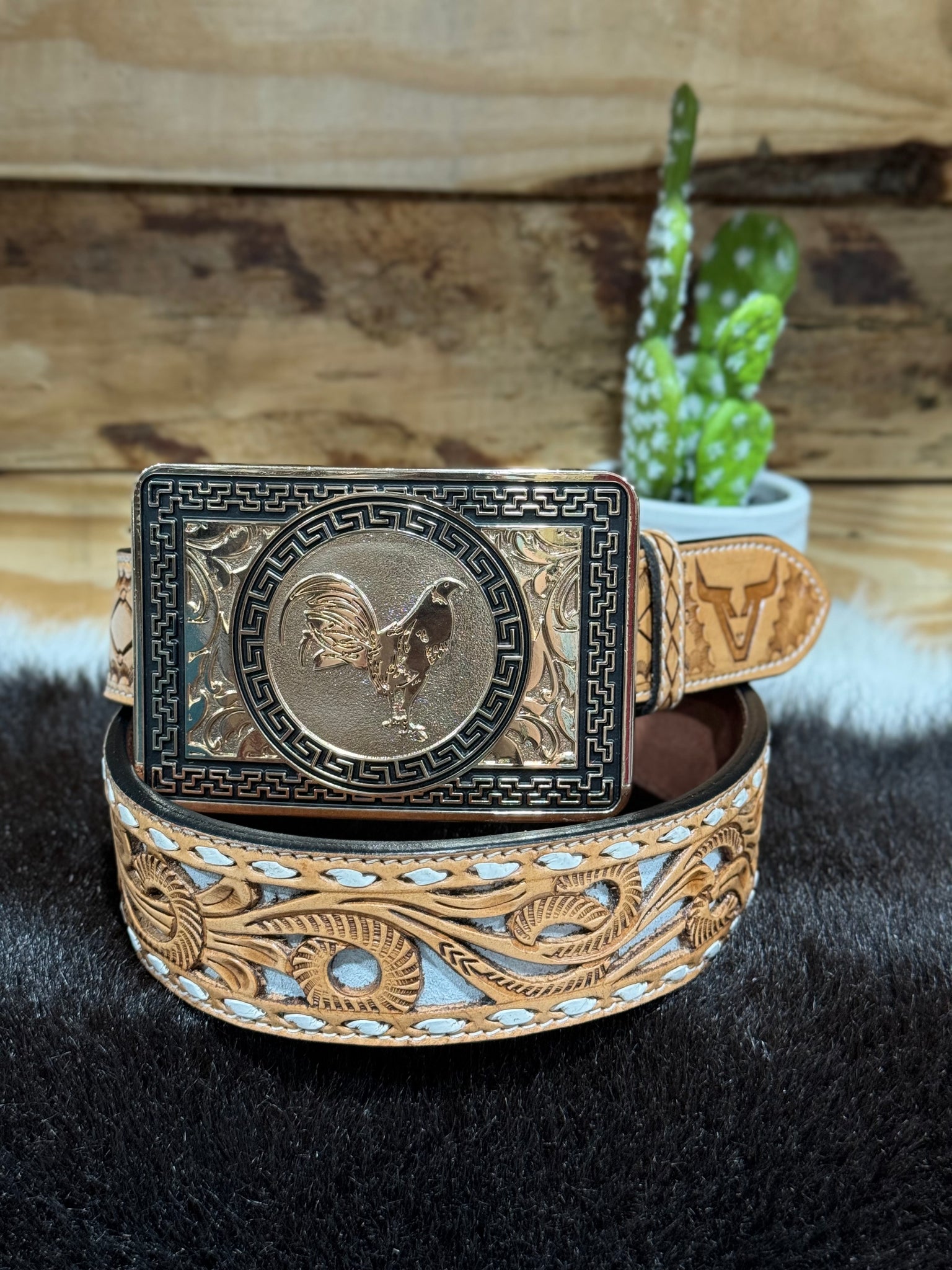 Floral Embossed White Leather Belt &  Legendary Rose Gold  Rooster buckle Set