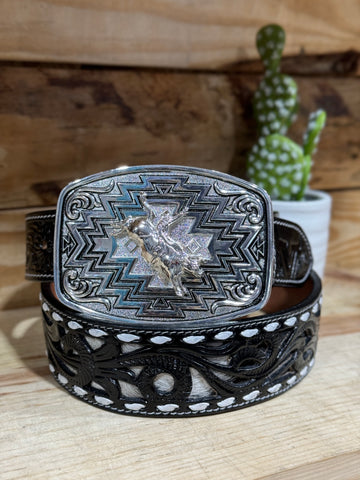 Floral Embossed Black Cowhide Leather Belt & Bullrider Aztec Buckle Set