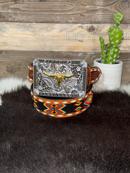 Black Beaded Leather Belt & Long Horn Buckle Set