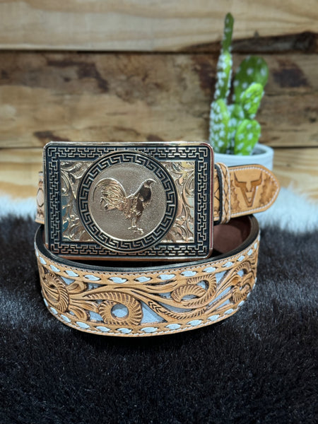 Floral Embossed White Leather Belt &  Legendary Rose Gold  Rooster buckle Set