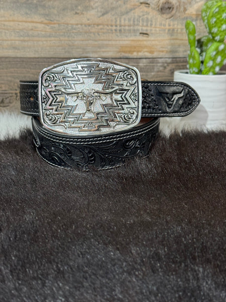 Black Floral Tooled Leather Belt & Bull Rider Buckle Set