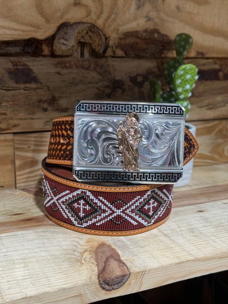 Burgandy Beaded 2” Belt + Bucking Bull Buckle Set