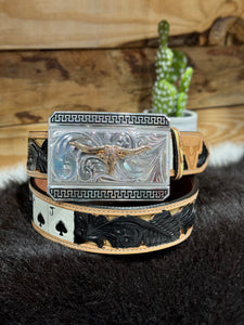 Black Jack Embossed leather Belt & Long Horn Buckle Set