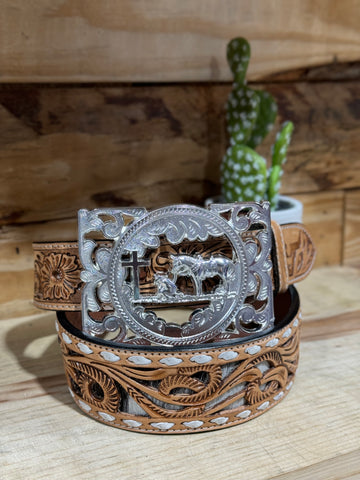 Floral Embossed Cowhide Leather Belt & Praying cowboy tooling buckle Set