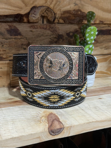 Ebony Beaded 2” Belt +  Fighting Rooster Buckle Set