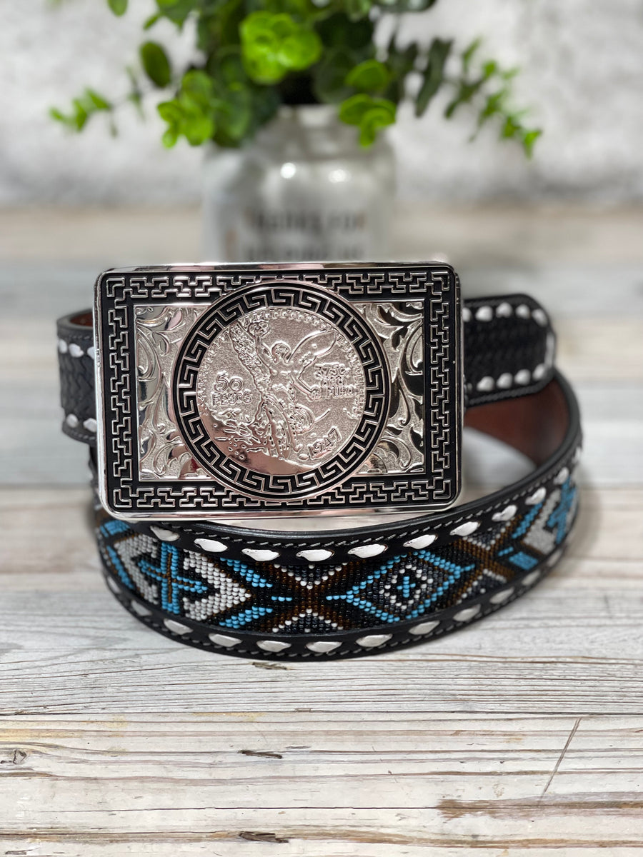 Multi Black/Leather Beaded Belt & Centenario Buckle Set – Roman Valley ...