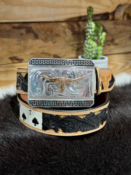 Black Jack Embossed leather Belt & Long Horn Buckle Set