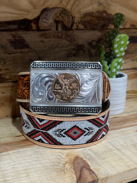 Dos X Leather Beaded Belt & Centenario Buckle Set