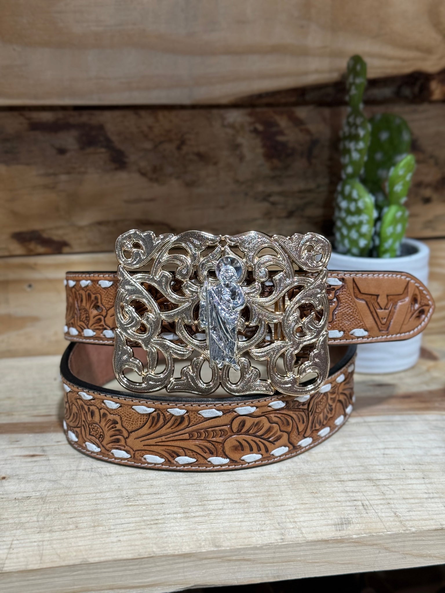 Floral Embossed Tanned Leather Belt & San Judas Floral Buckle Set