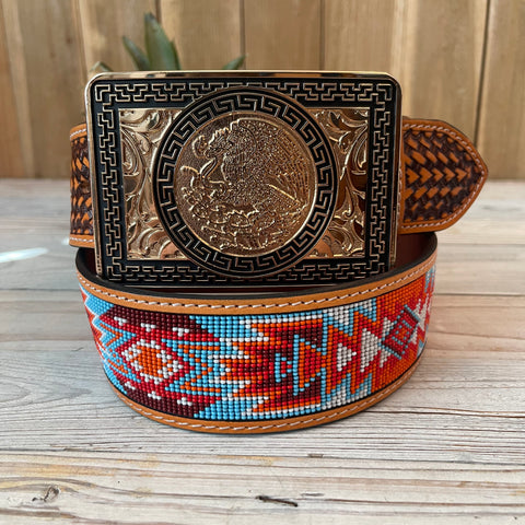 Multi Blue Beaded 2” Belt + Rose Mexico Estado Buckle