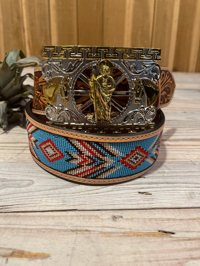 WMG Western Saint Jude Belt Buckle - Gold And Silver Cowboy Buckle For Rodeo And Western Wear