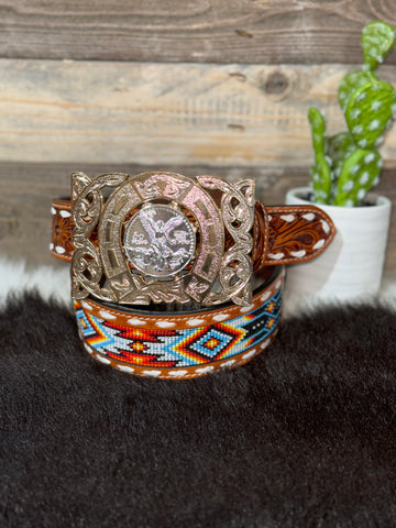 Leather Beaded Belt & Centenario Horse Shoe Buckle Set