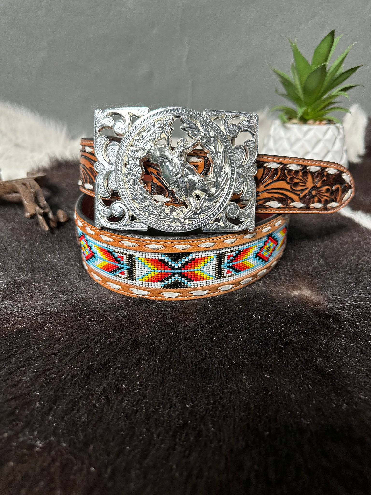 Multi Leather Beaded Belt & Bull Rider Buckle Set