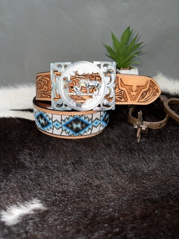 Blue Beaded Leather Belt & Praying Cowboy Buckle Set