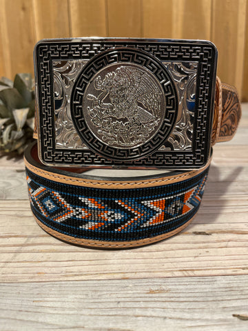 Multi Navy Beaded 2” Belt + Silver Mexico Estado Buckle