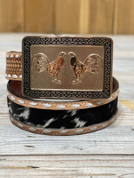 Cowhide Leather Belt & Legendary Roosters Rose Gold Buckle Set