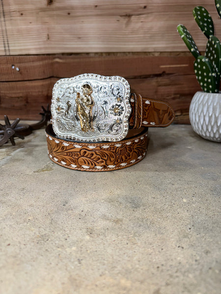 Roman Valley Floral Tooled Buck Stitch & San Judas Buckle!