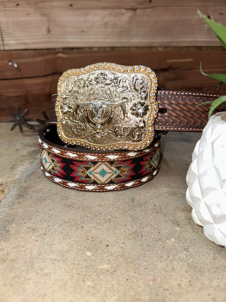 Aztec Embroidery Belt & Rose Gold Toro Buckle Set