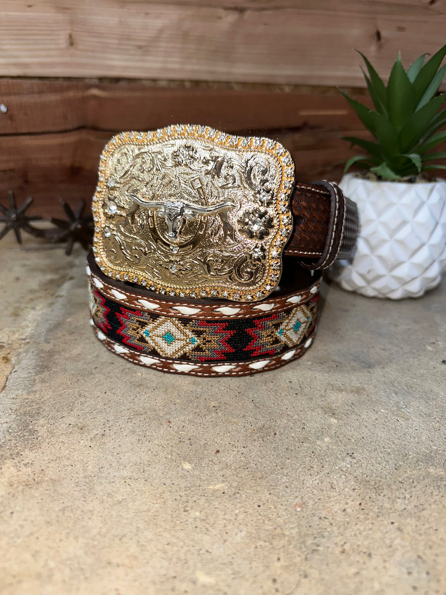 Aztec Embroidery Belt & Rose Gold Toro Buckle Set – Roman Valley Ranch