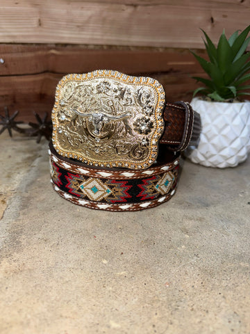 Aztec Embroidery Belt & Rose Gold Toro Buckle Set